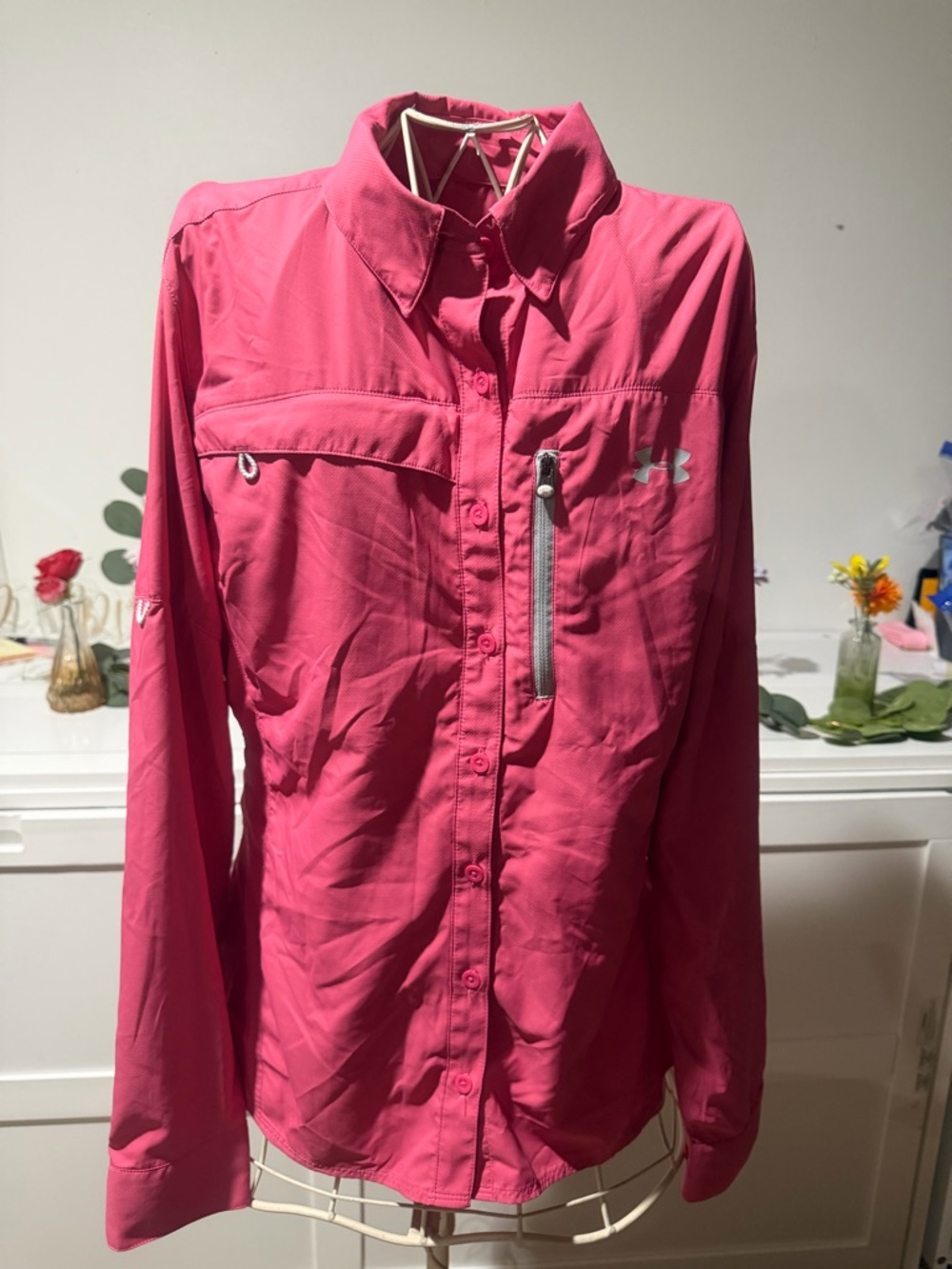 Under Armour Women’s Bright Pink Utility Button-Up Jacket with Zip Pocket